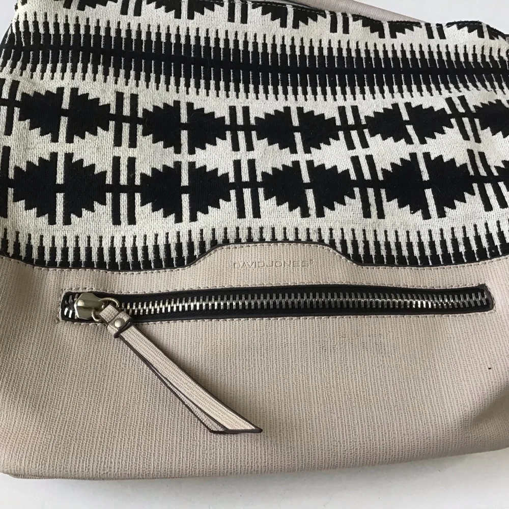 David Jones Tote Purse Hobo Bag Cream & Black Textile Print & Synthetic Leather